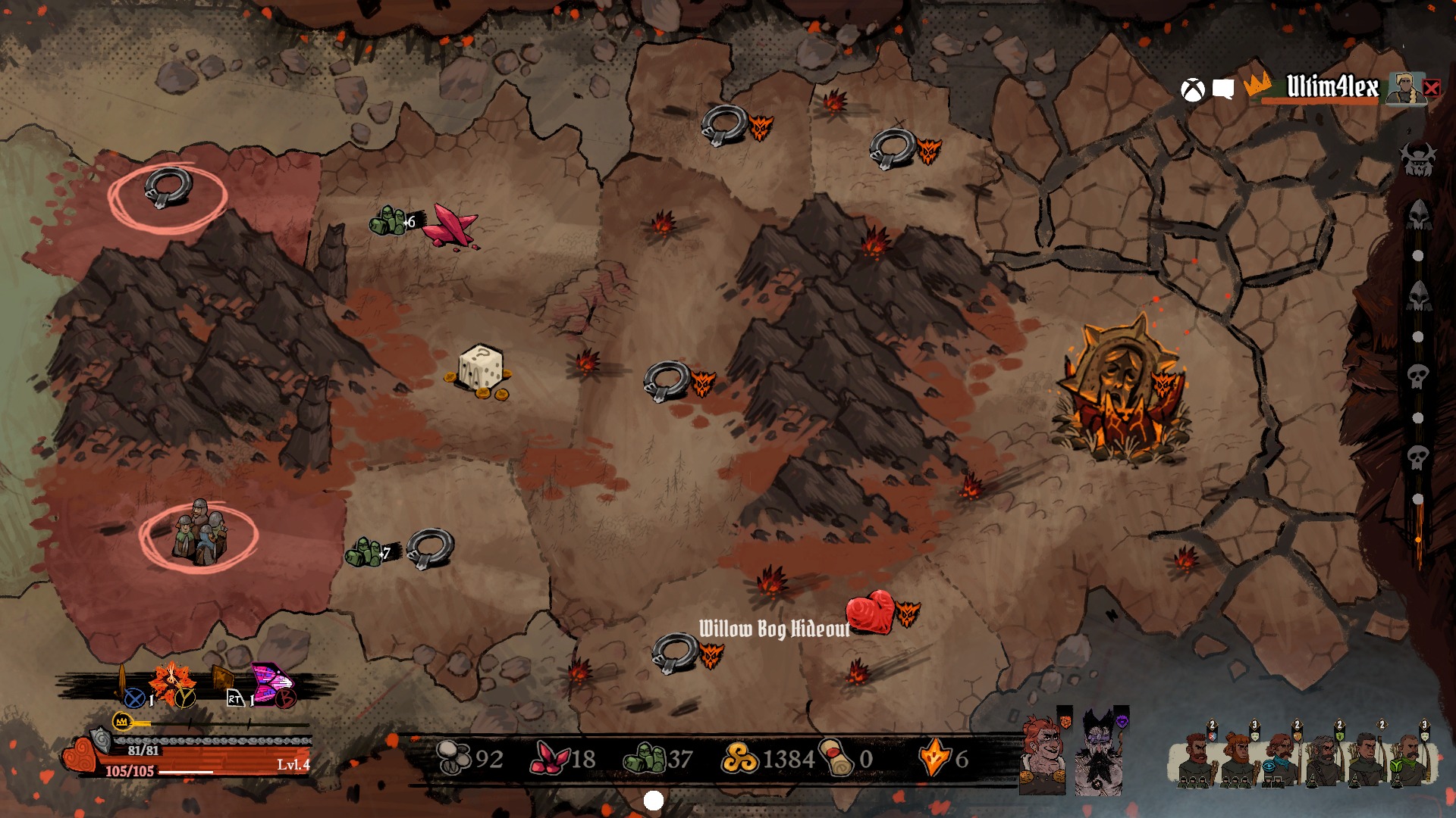 A top-down tactical game map shows a dark, cracked landscape with icons for a Willow Bog Hideout, resource nodes, and a player party in a red zone.