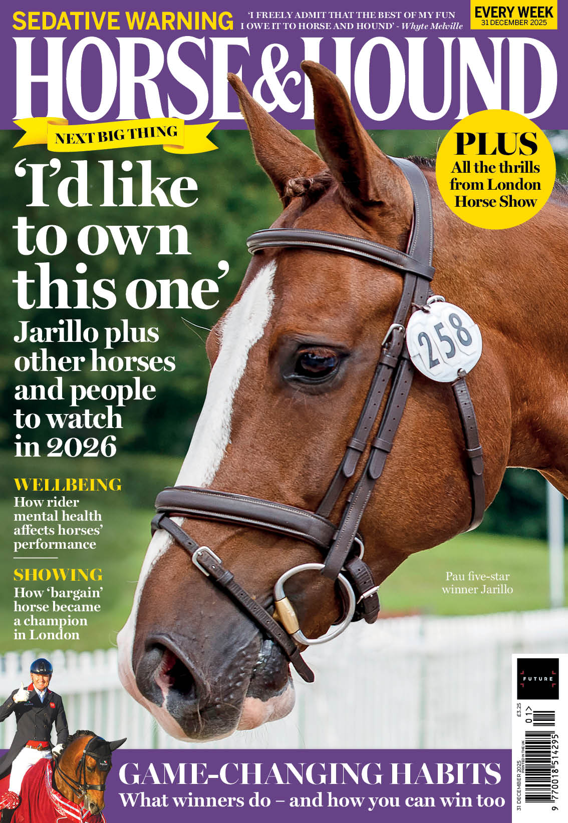 Front cover of H&amp;H magazine, on sale 31 December 2025, featuring up and coming event horse Jarillo.