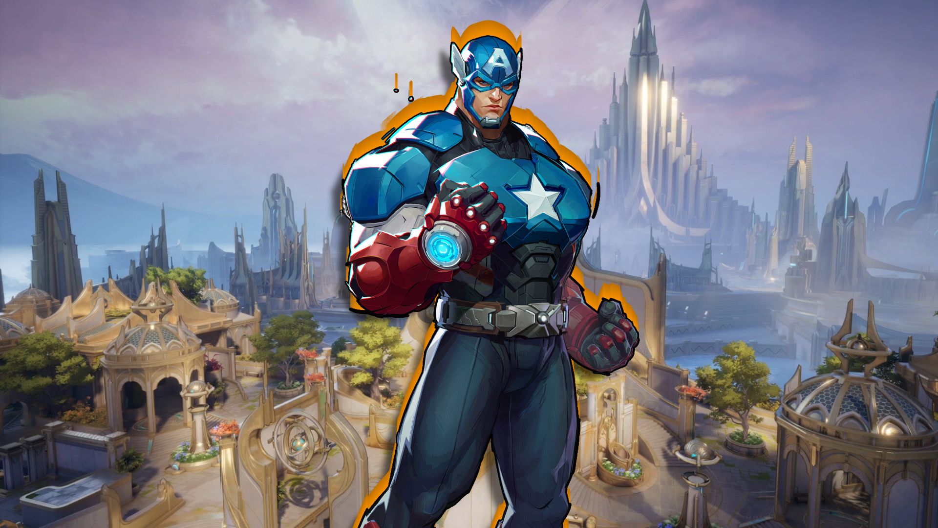 Captain America poses against an Asgard map background