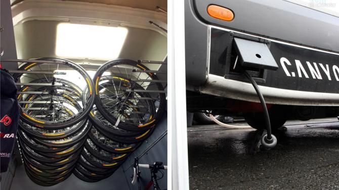 Wheels are stored up high inside the Katusha mechanics' van