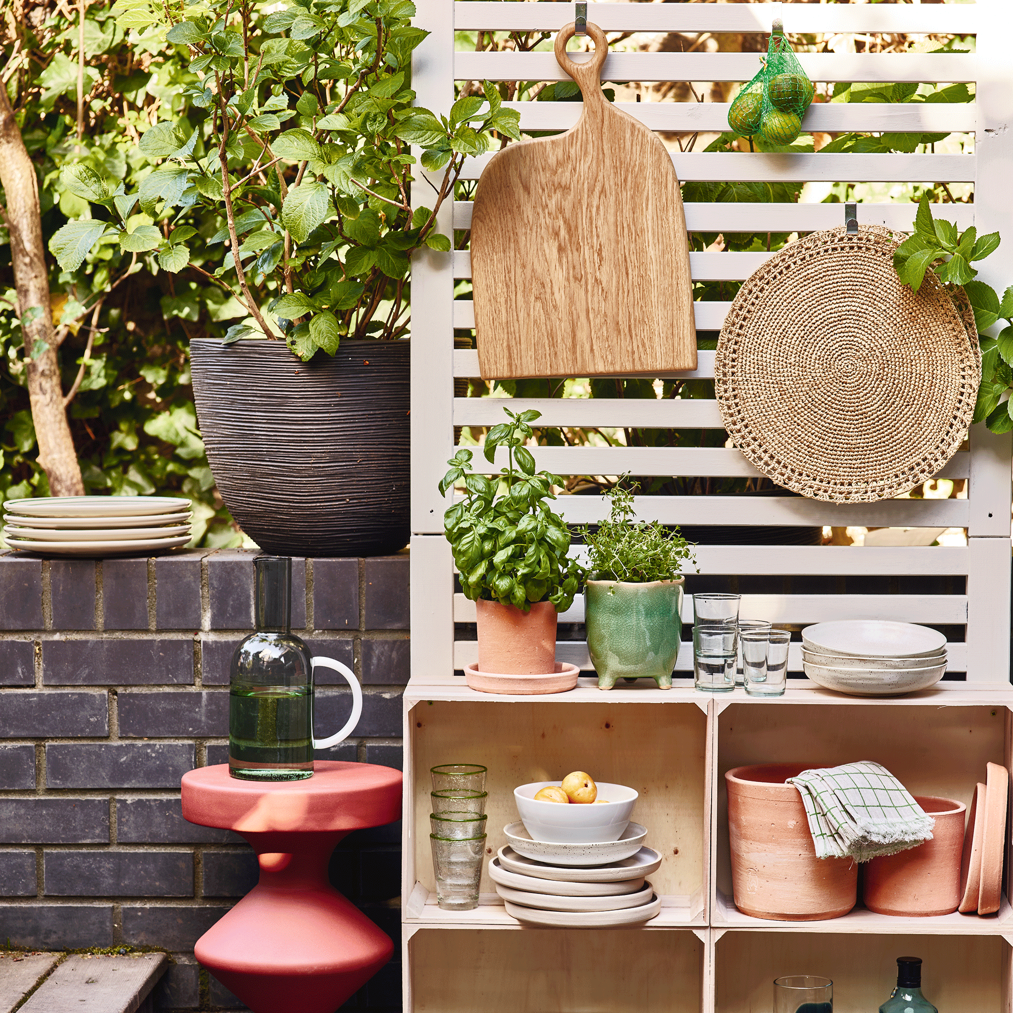 Crates stacked to create an outdoor kitchen