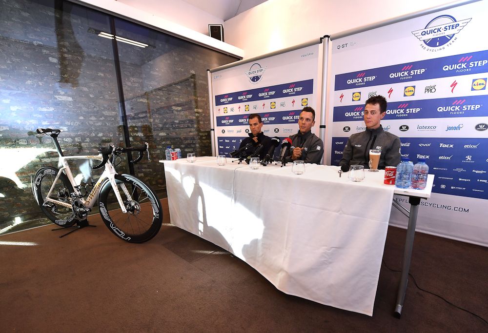Quick-Step riders at Friday's press conference ahead of Omloop Het Nieuwsblad