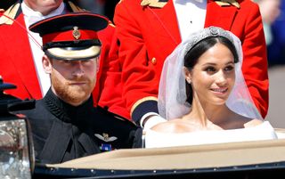 Prince Harry, Duke of Sussex and Meghan, Duchess of Sussex travel in an Ascot Landau carriage