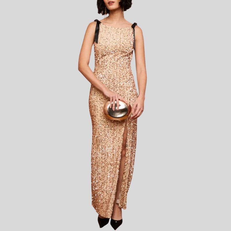 TFNC Joyce Gold Sequin Maxi Dress on model