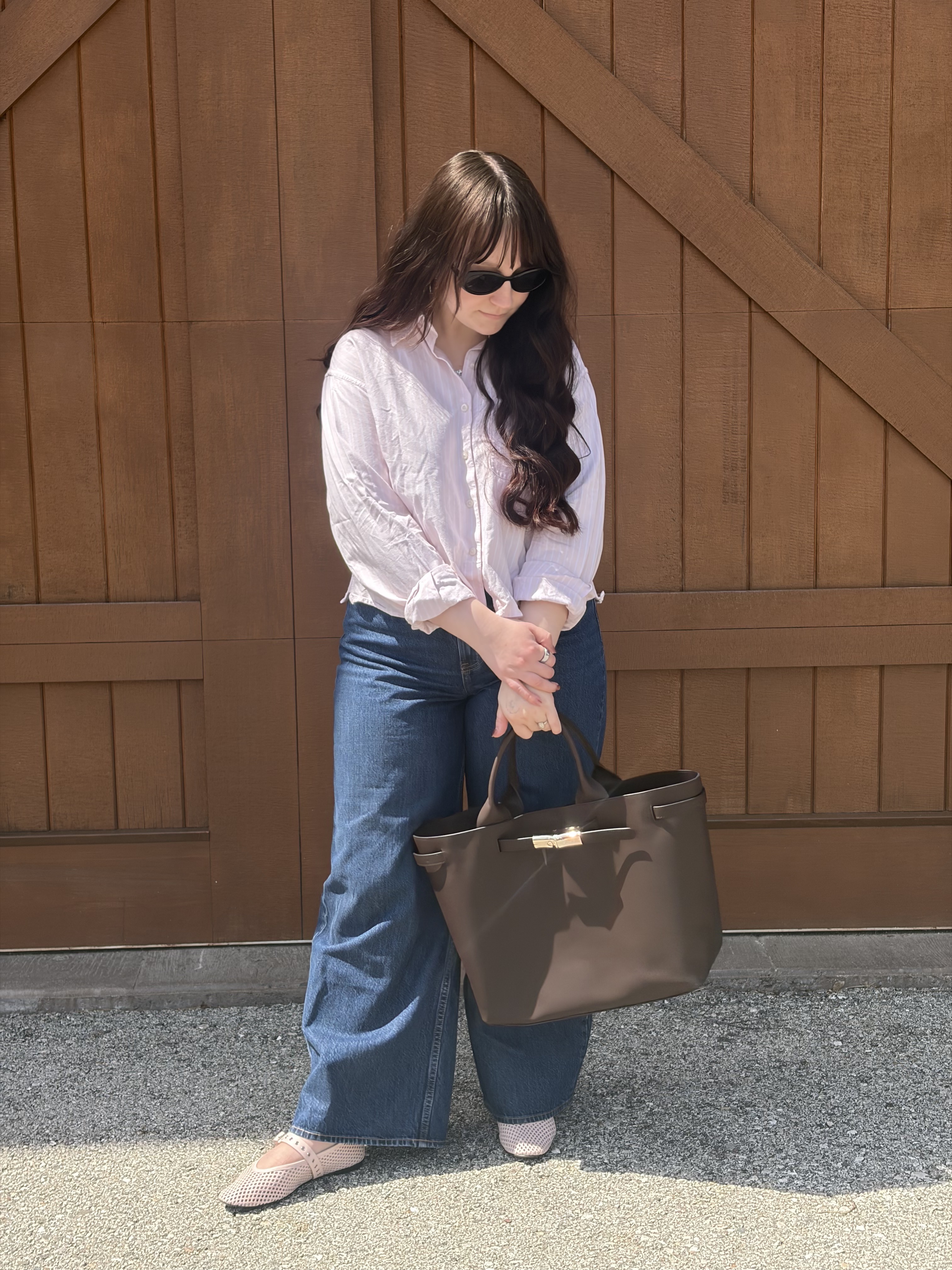 Longchamp Le Smart bag with Meguire's off-duty outfit