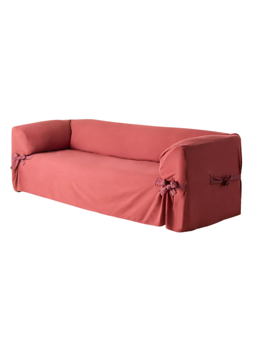 Universal Cotton Sofa Slipcover in Wine Solid Contrast Ties
