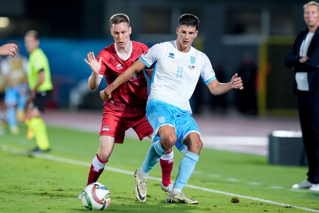 San Marino, San Marino - September 5: Simon Lüchinger of Liechtenstein and Andrea Contadini of San Marino compete for the ball during the UEFA Nations League 2024/2025 League D - Group 1 match between San Marino and Liechtenstein at San Marino Stadium on September 5, 2024 in San Marino, San Marino. (Photo by Giuseppe Maffia/DeFodi Images via Getty Images)