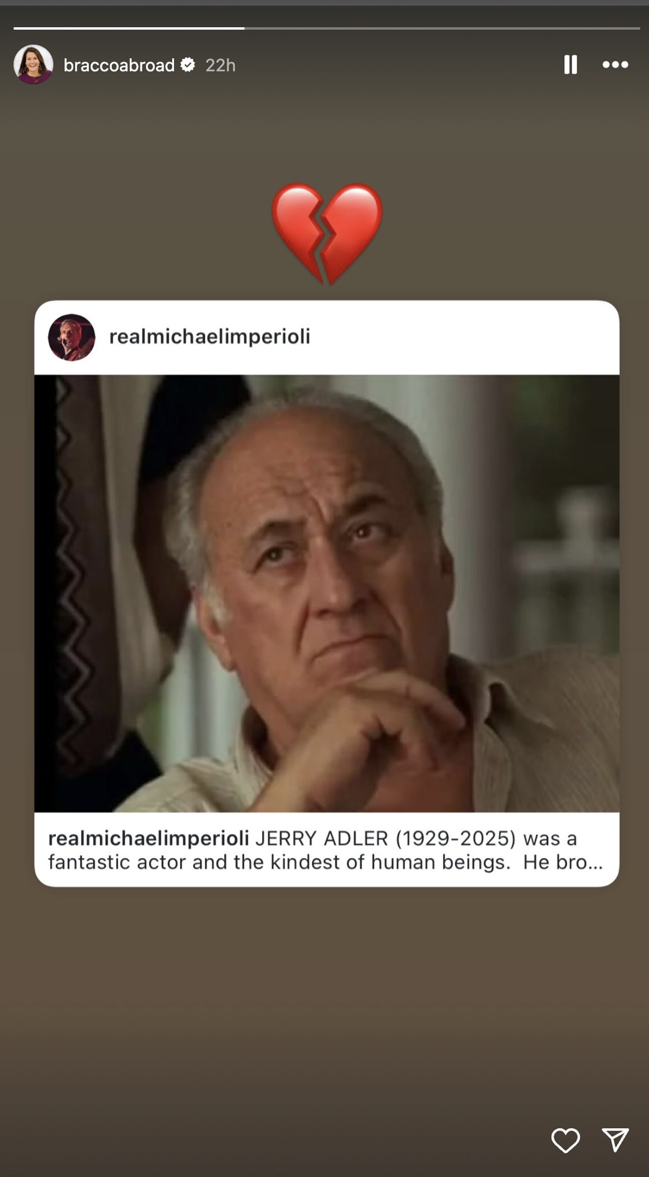 Lorraine Bracco's Instagram story featuring Hesh actor Jerry Adler's passing.