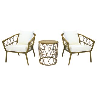 A Sheldon 3-Piece Wicker Round Table Outdoor Bistro Set with White Cushion on a white background