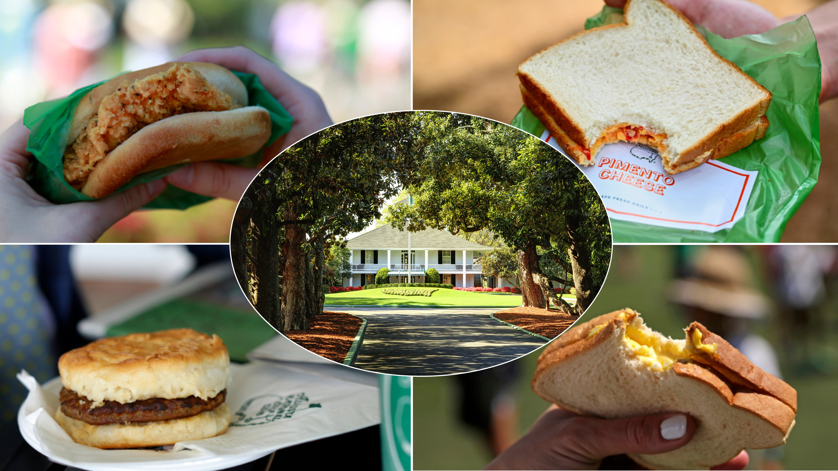 Four sandwiches at The Masters and the Augusta National clubhouse seen from Magnolia Lane