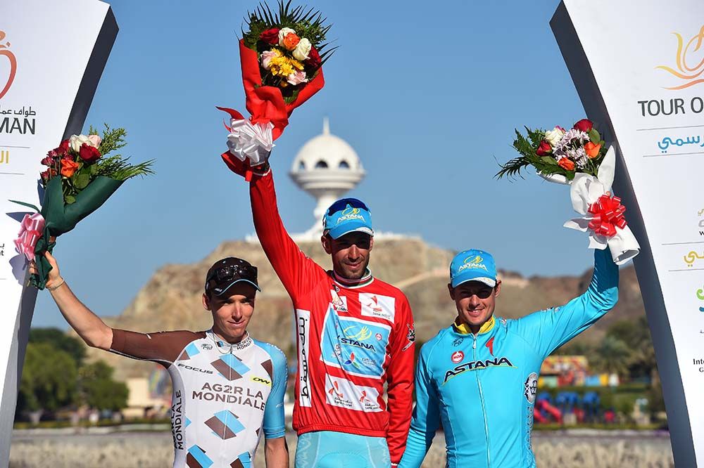 The 2016 Tour of Oman podium: Romain Bardet (AG2R-La Mondiale), Vincenzo Nibali (Astana) and Jakob Fuglsang (Astana)