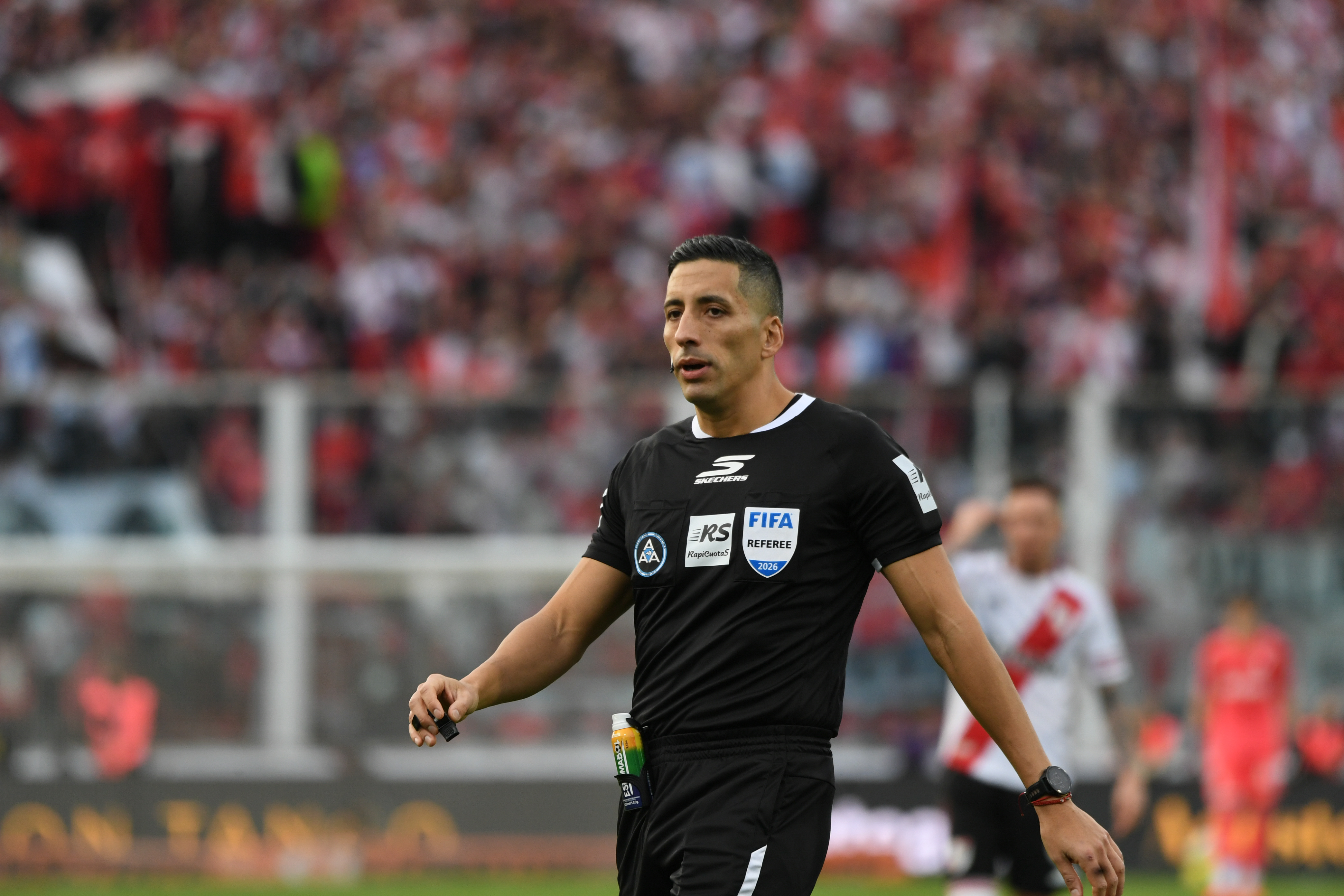 Yael Falcon Perez, the referee for the 2026 League Cup final between River Plate and Belgrano, is seen at Mario Alberto Kempes Stadium