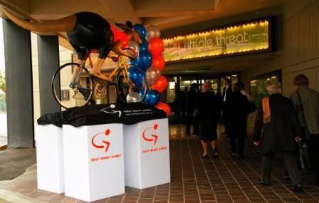 The Tour Down Under mascot Oppy leads the way at the launch.