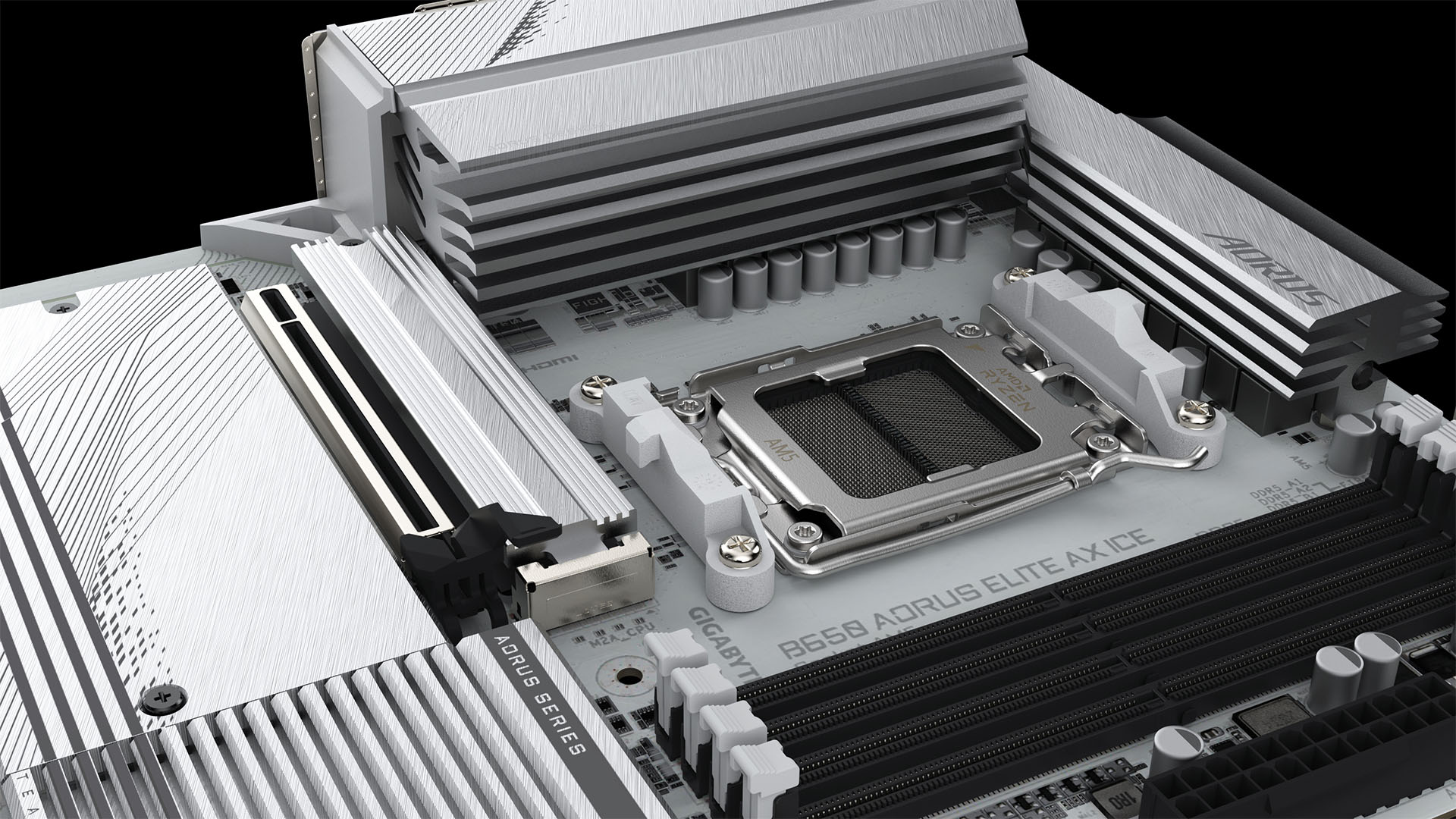 Gigabyte B650 AORUS ELITE AX ICE motherboard render showing AM5 socket