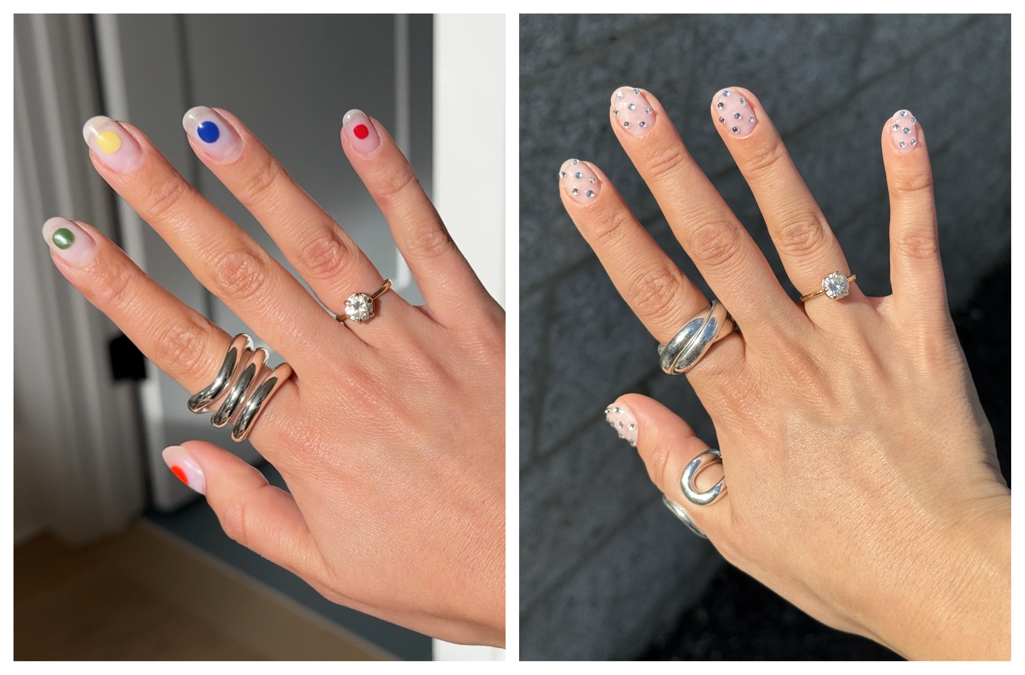 two close ups of April Lockhart&#039;s hand wearing silver rings