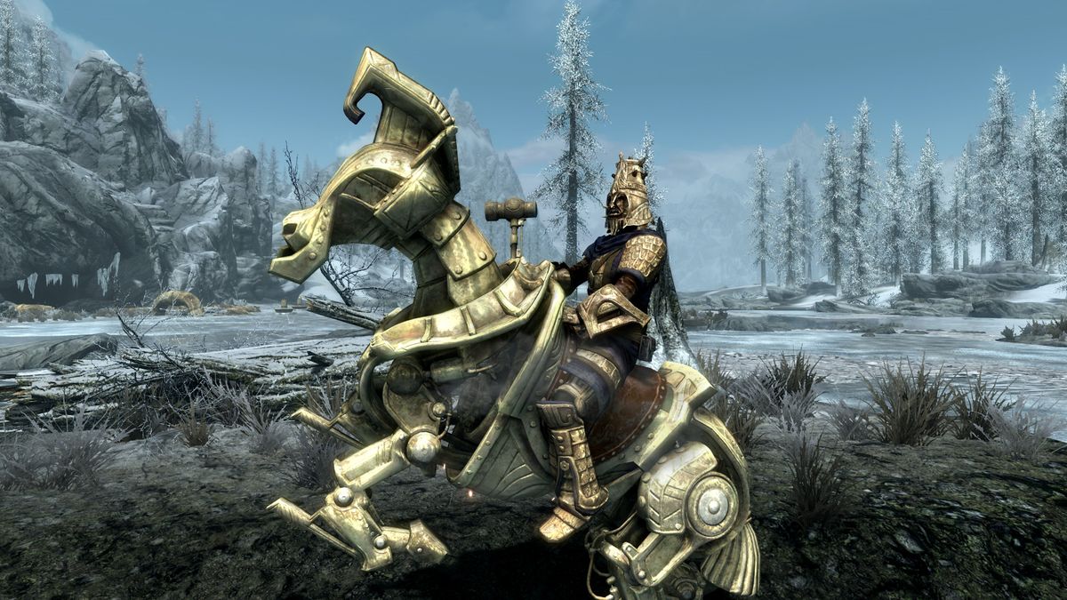 Skyrim Anniversary Edition - A player in gold Dwemer armor rides a mechanical Dwemer hrose through Skyrim