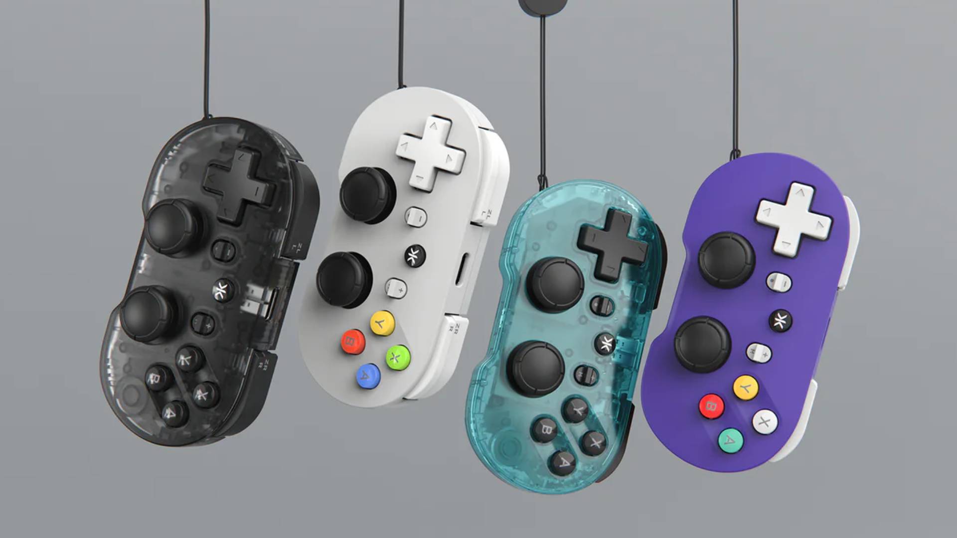 Official CRKD marketing image of a line of hanging Atom+ controllers.
