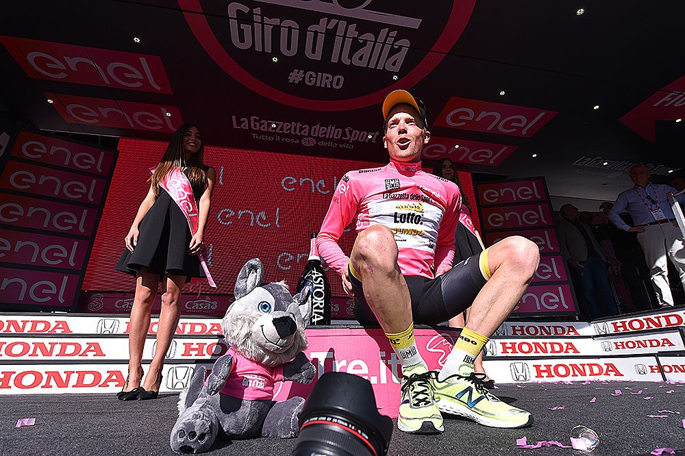 Steven Kruijswijk (LottoNL-Jumbo) sits on the podium as the overall leader of the Giro d'Italia