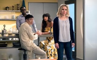 William Jackson Harper, Manny Jacinto, Jameela Jamil and Kristen Bell in the dining room in the good place