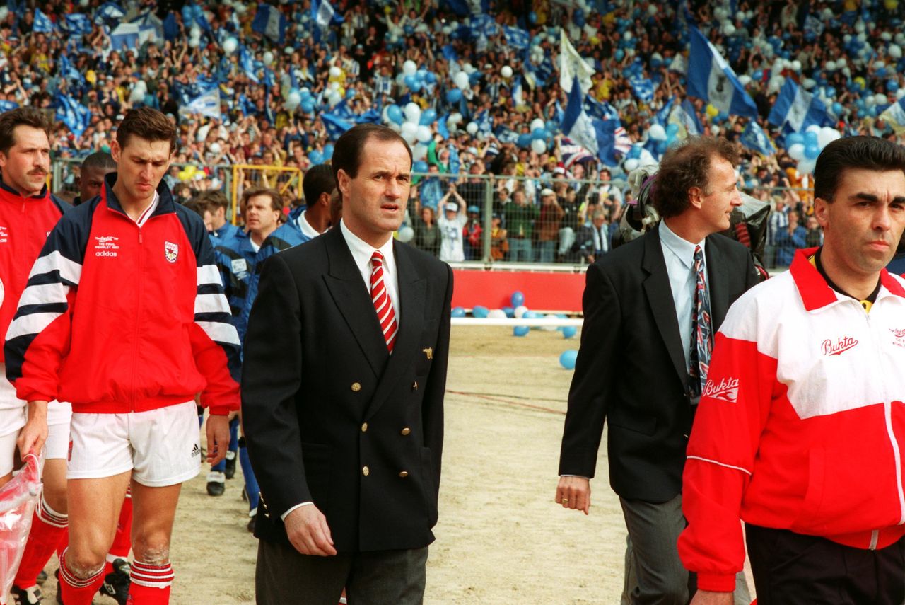 Arsenal manager George Graham leads his team out for the 1993 League Cup final against Sheffield Wednesday at Wembley