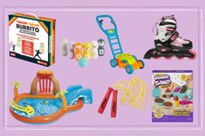 Selection of the best outdoor toys for kids on a purple background