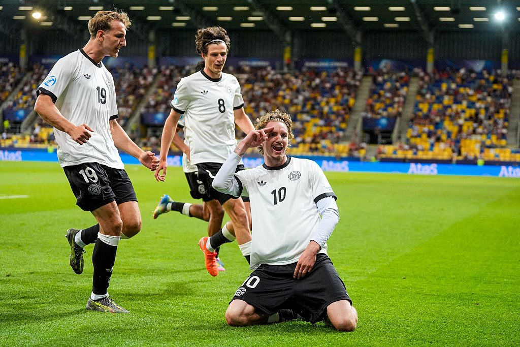 Nick Woltemade of U21 Germany celebrates after scoring his side's first goal during the UEFA European Under-21 Championship 2025 Quarter-Final match between Germany and Italy at DAC Arena on June 22, 2025 in Dunajska Streda, Slovakia.