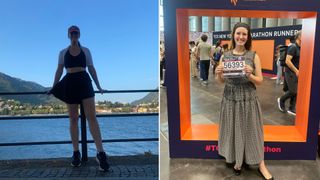 a split collage of editor Halie LeSavage on a run in Lake Como, Italy, and standing with her race day bib in New York City