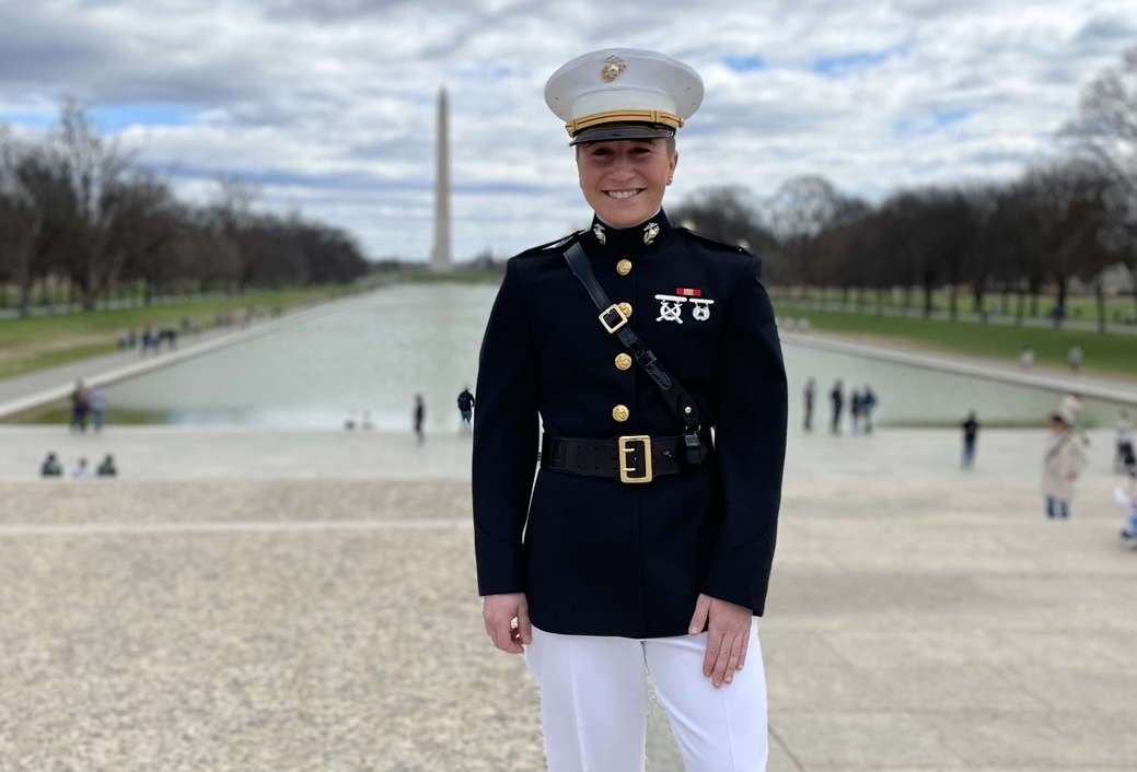 Dani Audino in her uniform at the National Mall in Washington, D.C. in 2021 after commissioning in the US Marine Corps Reserves