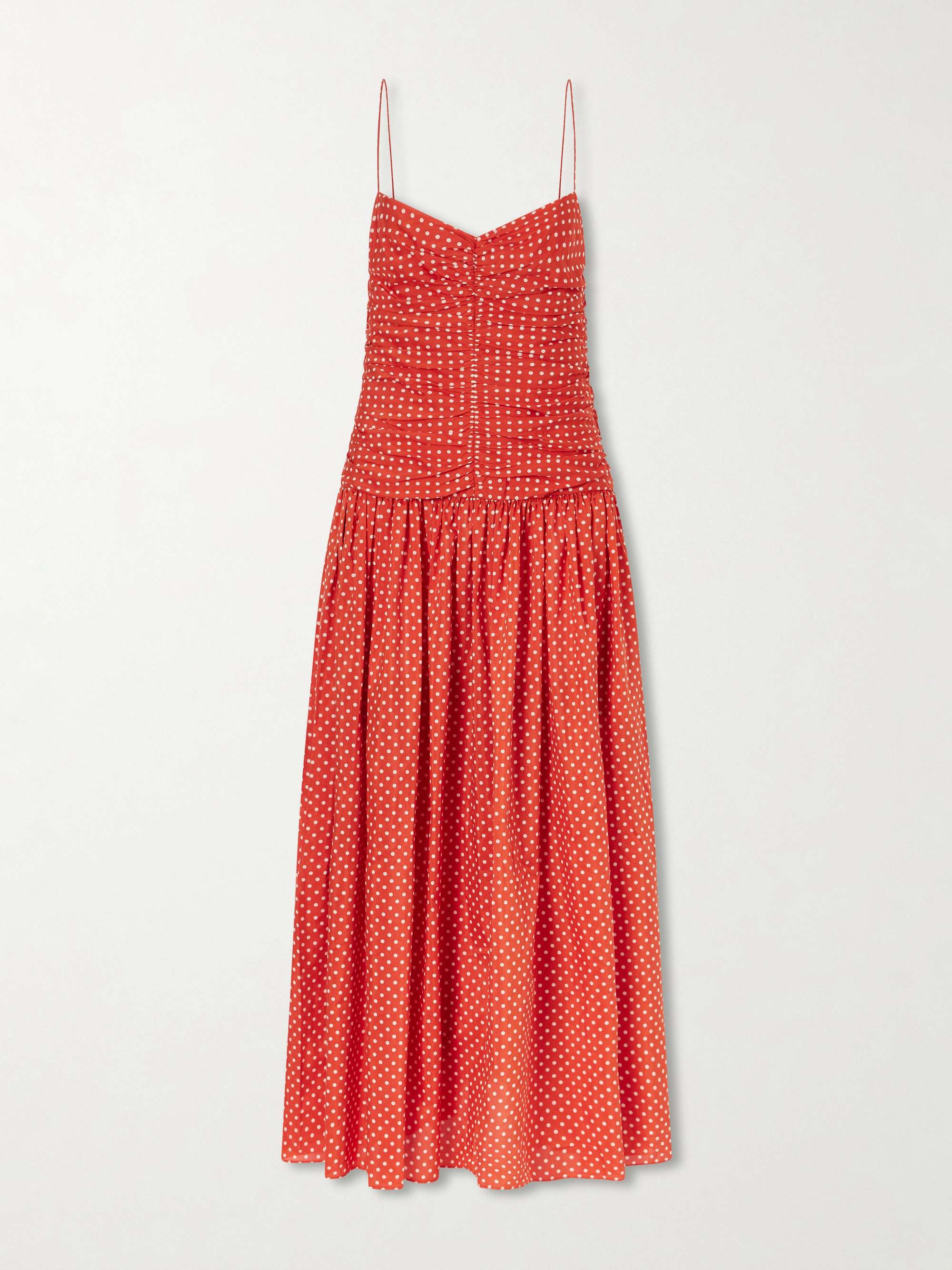 Gathered Polka-Dot Organic Cotton and Silk-Blend Midi Dress