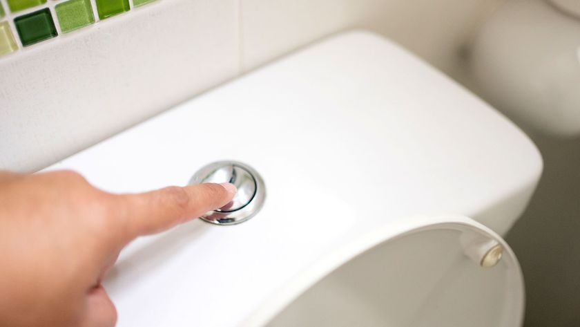 Finger pushing chrome dual flush button on cistern top with green mosaic tiles in background