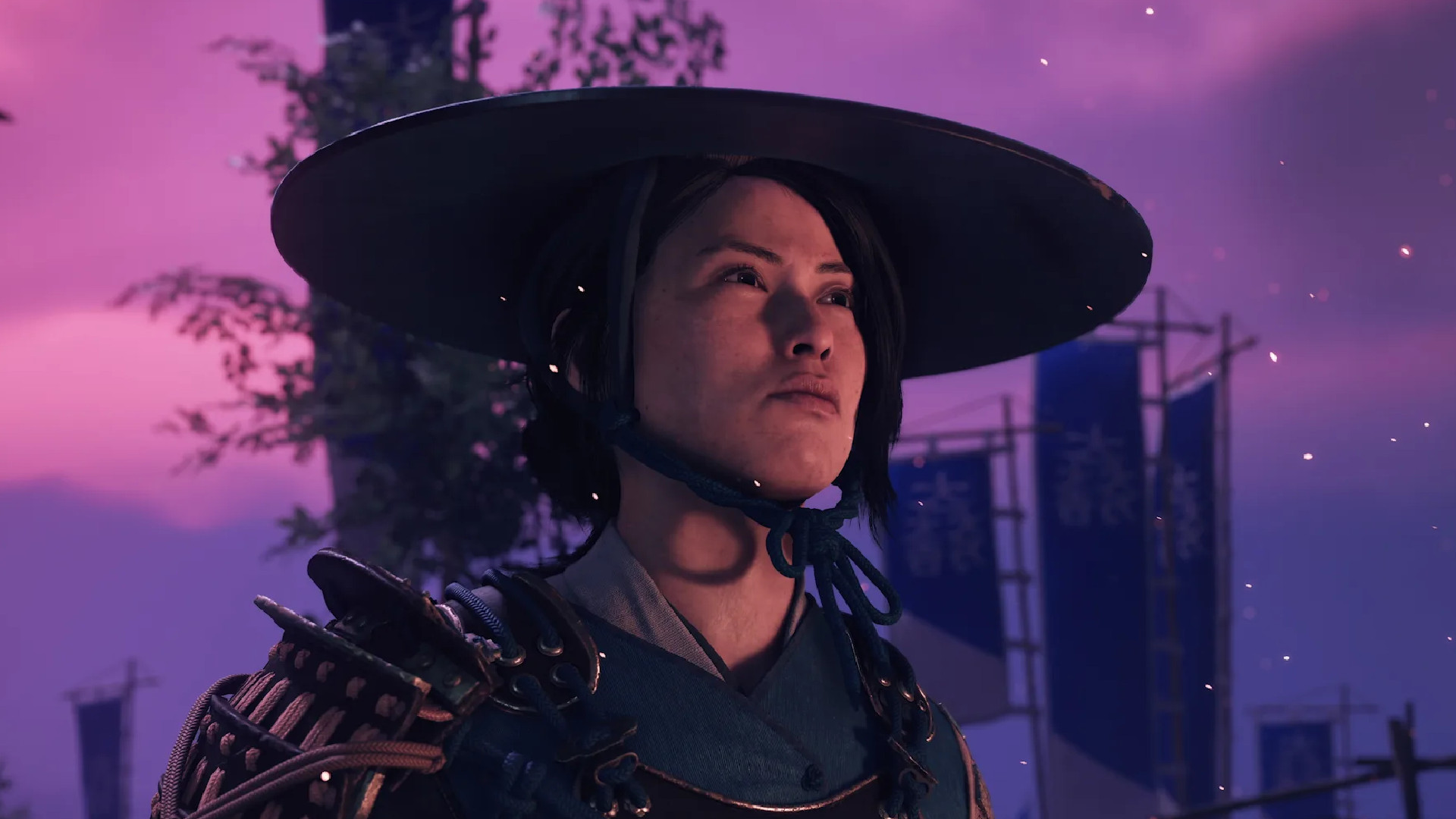Protagonist Atsu against a purple sky in Ghost of Yotei: Echoes of Sekigahara