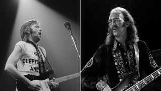 . English singer-songwriter and guitarist Eric Clapton, performing during his US tour, July 1974. Photo of Carl RADLE, Carl Radle performing on stage, 53