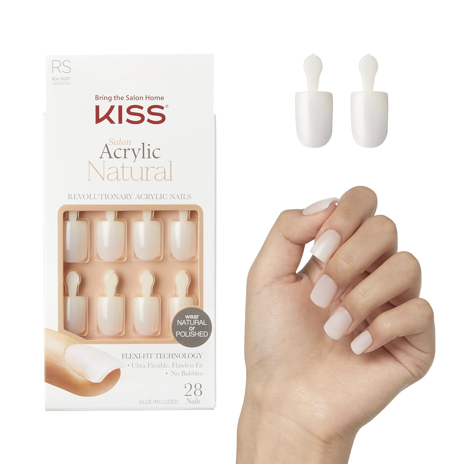 Kiss Salon Acrylic Natural Press on Nails, Nail Glue Included, &#039;rare&#039;, Nude, Short Size, Squoval Shape, Includes 28 Nails, 2g Glue, 1 Manicure Stick, 1 Mini File