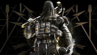 A Call of Duty: Modern Warfare 3 operator with a face covering, military garb, and a sledgehammer cast in shadow with gold accessories and particle effects.