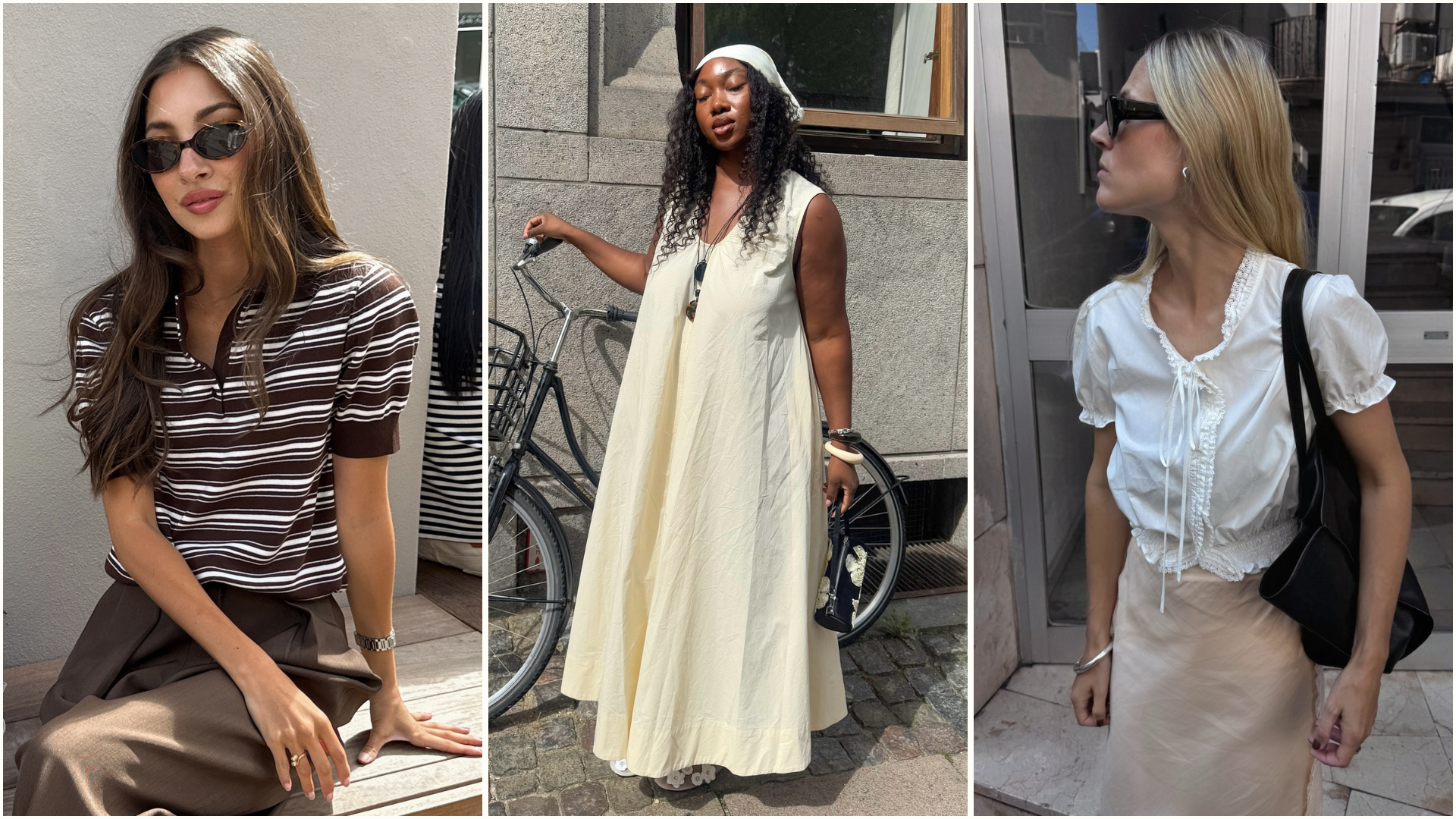 An image of three influencers, one wearing a brown striped top, one wearing a cream-coloured maxi dress, and one wearing a white peasant blouse