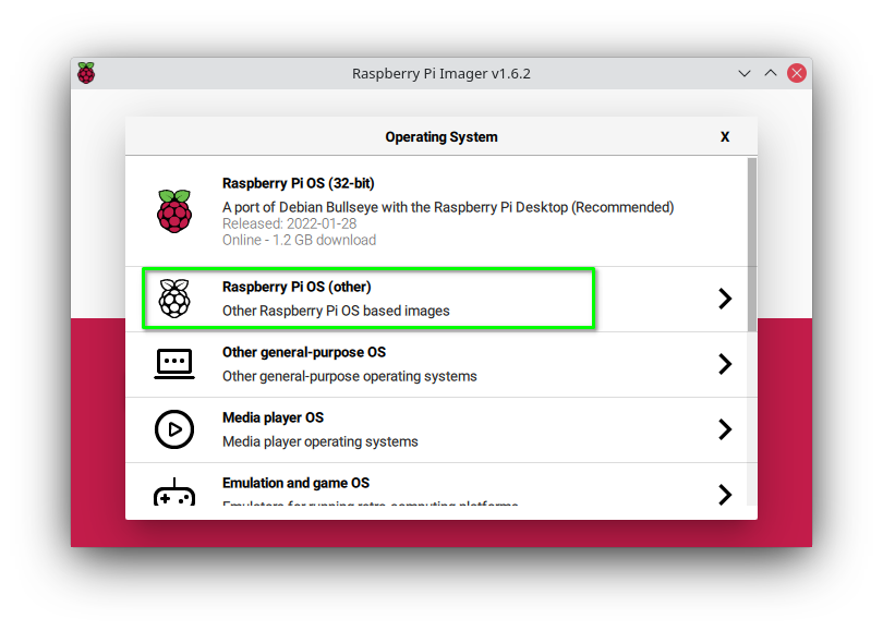Screenshots of Raspberry Pi Imager