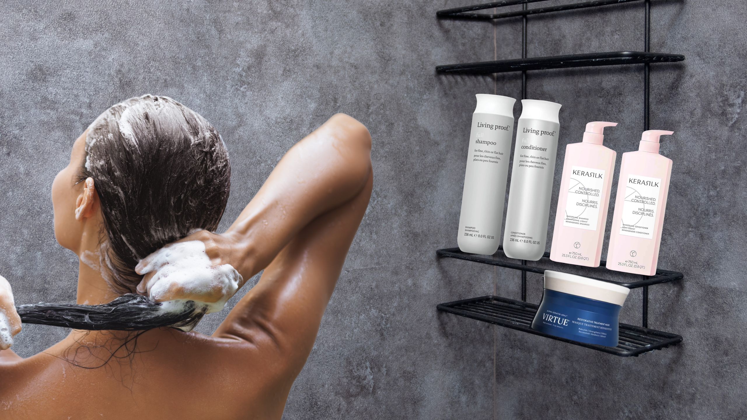 A shampoo bottle and haircare products photographed for a fine-hair volume feature