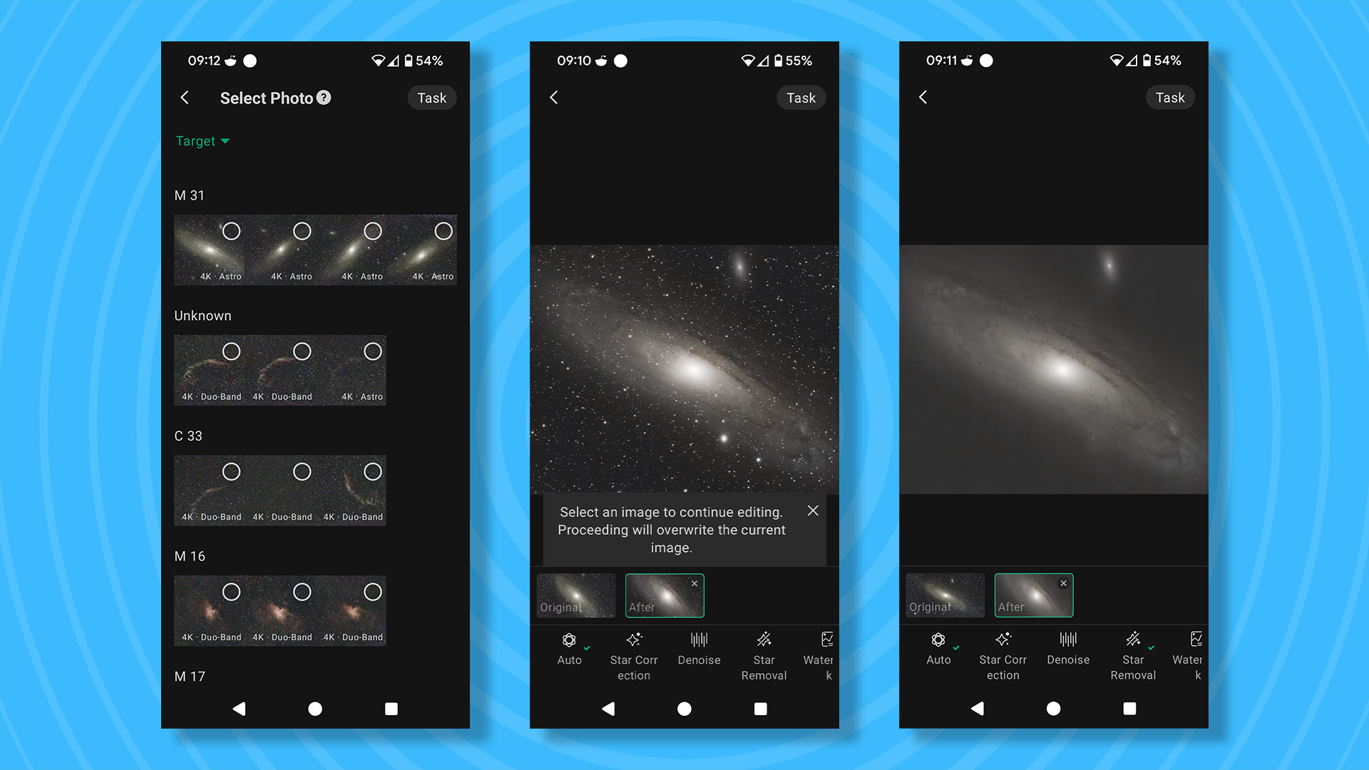 Three screenshots from the Dwarf III&#039;s app showing the Stellar Studio processing suite