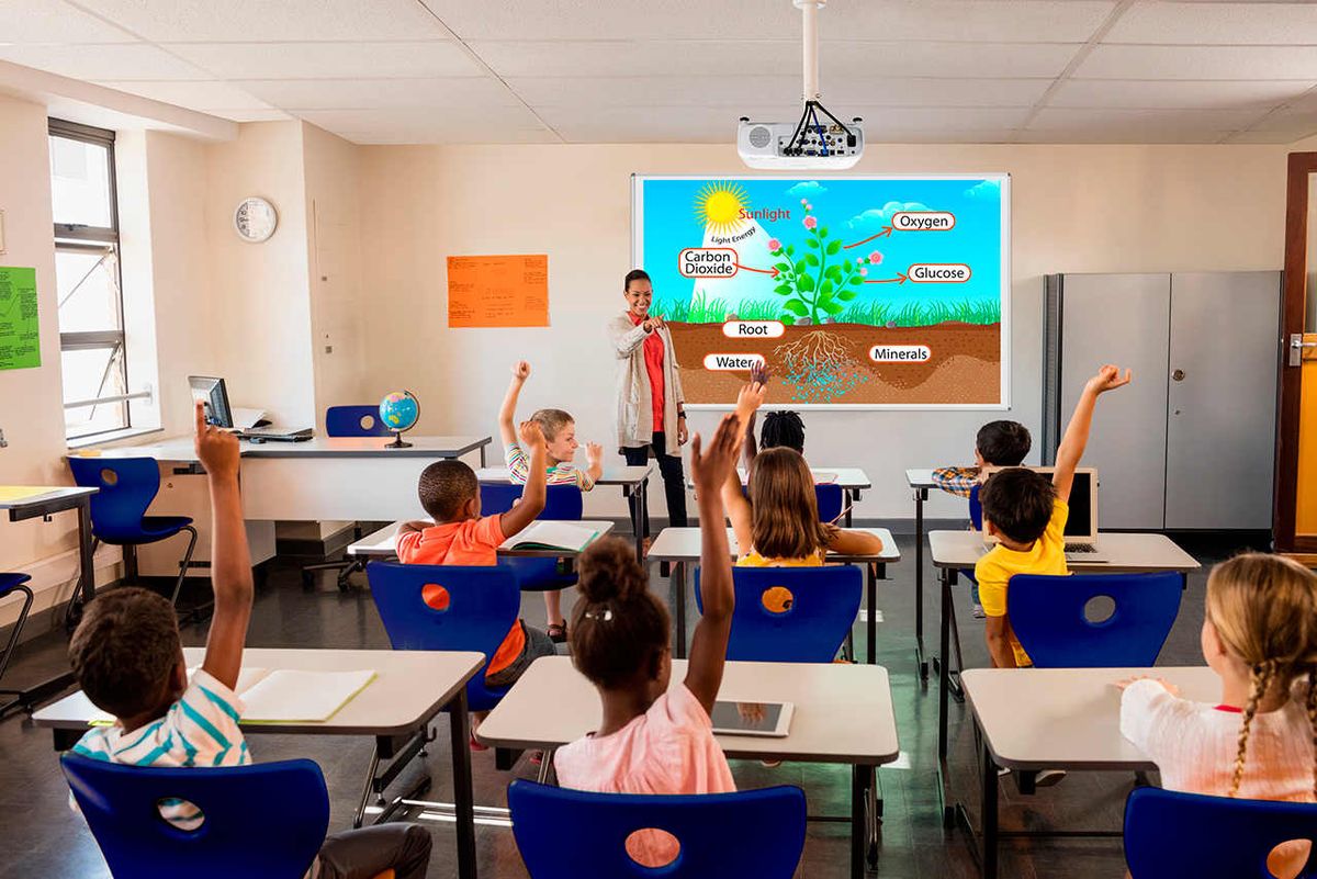 Kids in classroom raise hands while watching Epson projector