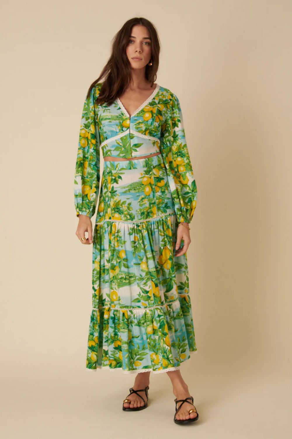 Nobody's Child Green Linen-blend Lemon Print Tiered Midi Skirt