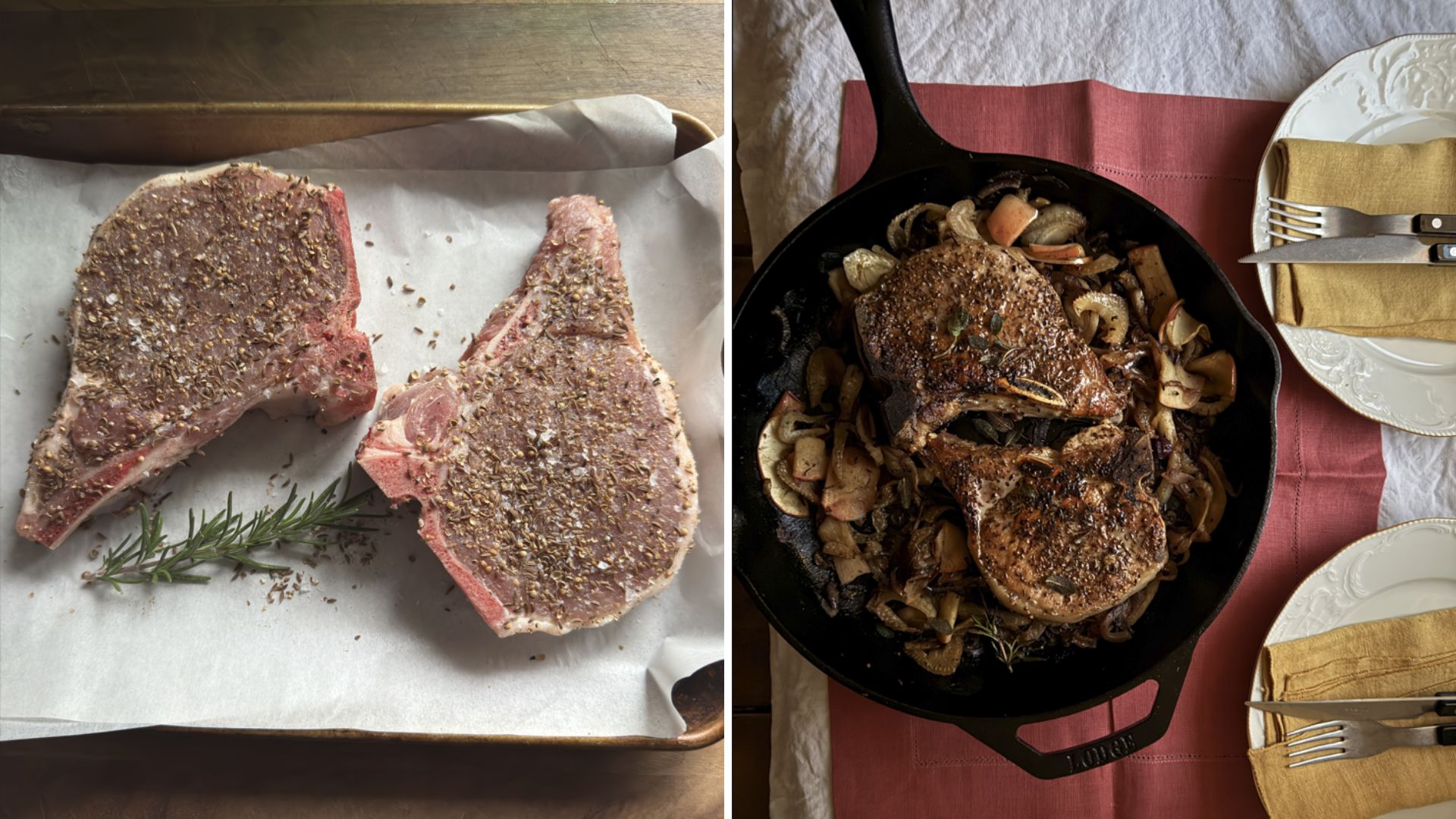 Pork chops raw and seasoned (left); pork chops in a skillet pan on a set table (right)