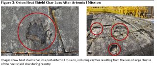 side by side images, left zoomed in, right zoomed out, of imperfections and damage to a space capsule heat shield, charred in hues of black and grey. Red circles outline damage.