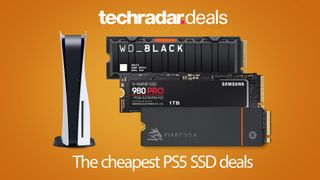 PS5 SSD deals featured image with PS5 console and three SSDs