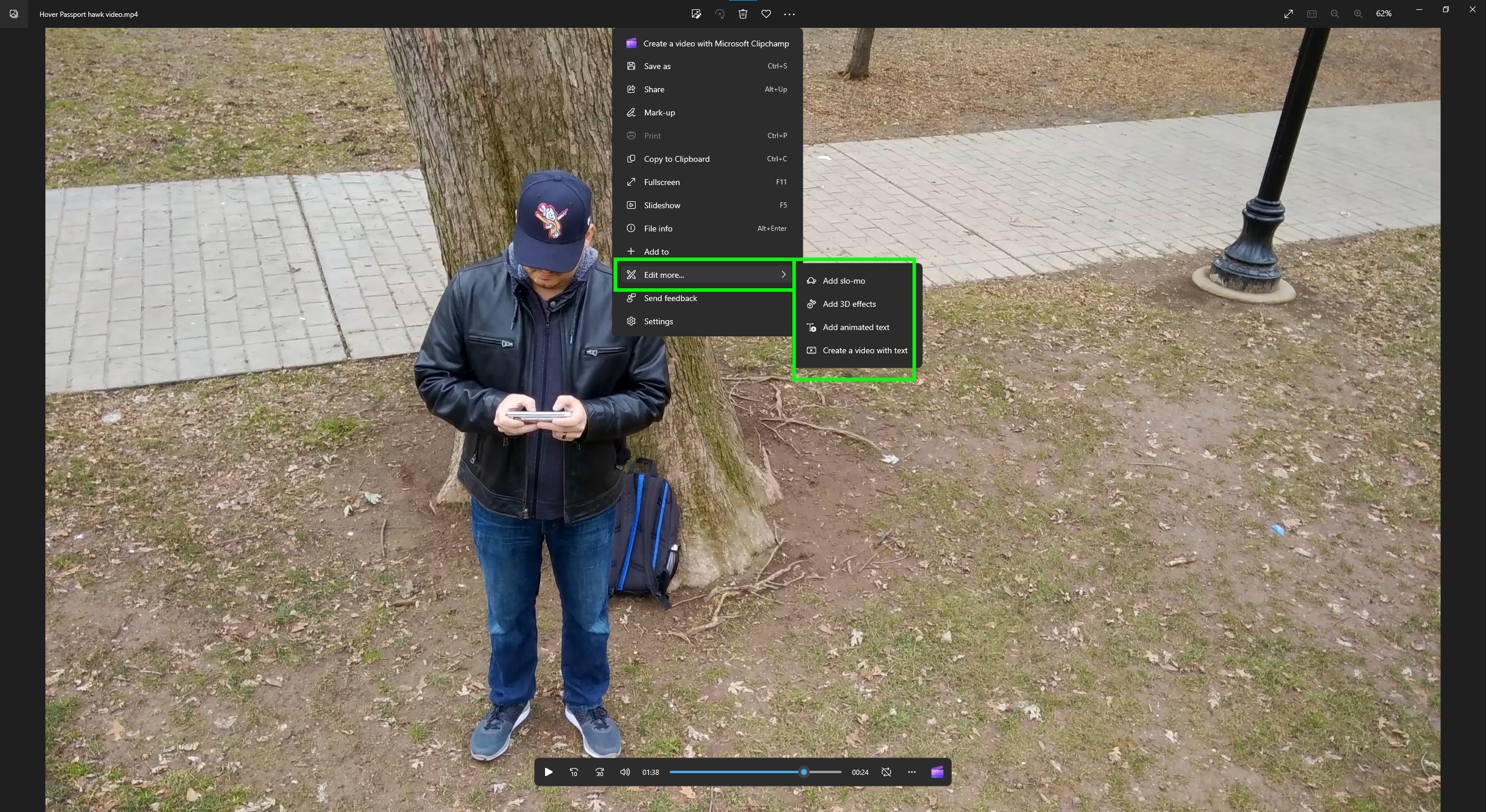 Rediger videoer i Windows Photos Screenshot med mere redigeringsmenuen fremhævet