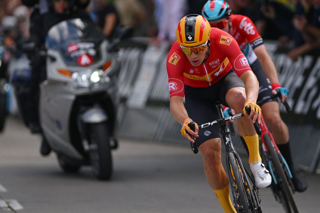 MONTDELENCLUS BELGIUM MAY 29 Jonas Abrahamsen of Norway and Team UnoX Mobility competes in the breakaway during the 83rd Circuit FrancoBelge 2024 a 1906km one day race from Tournai to MontdelEnclus on May 29 2024 in MontdelEnclus Belgium Photo by Luc ClaessenGetty Images
