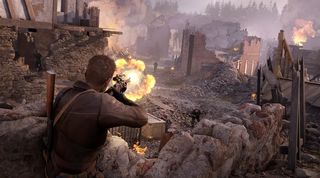 The main character sniping among ruins in Sniper Elite Resistance