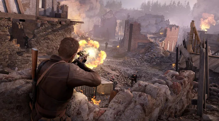 The main character sniping among ruins in Sniper Elite Resistance