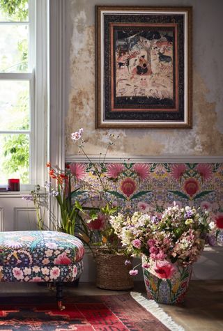 shabby chic living room with half wallpaper wall