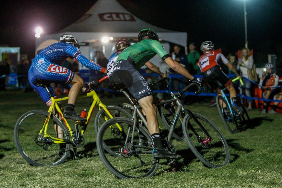 The lead group takes a tight corner