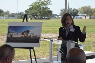 Former NASA astronaut Bonnie Dunbar, co-chair of the Lone Star Flight Museum's education committee, speaks at the Nov. 9 ground breaking ceremony at Ellington Airport.